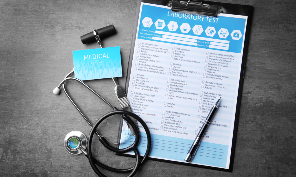 lab test sheet and stethoscope